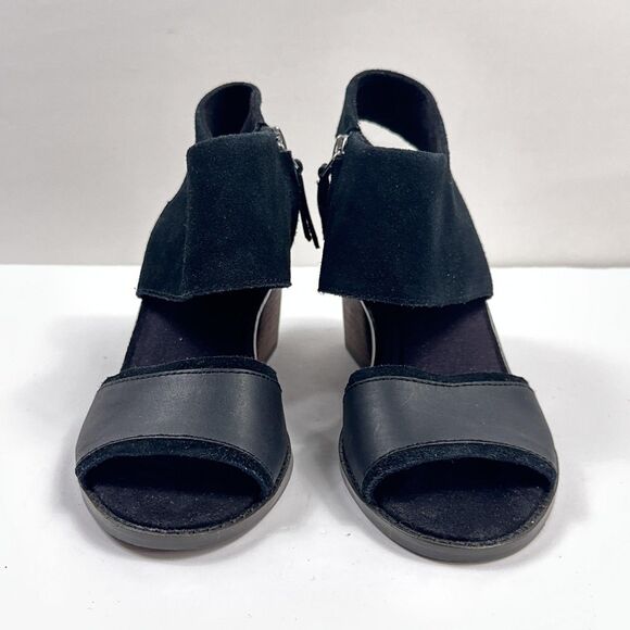 TOMS Shoes Womens Size 7 Black Block Heel Sandals Suede Leather Open Toe Zip - Picture 9 of 13